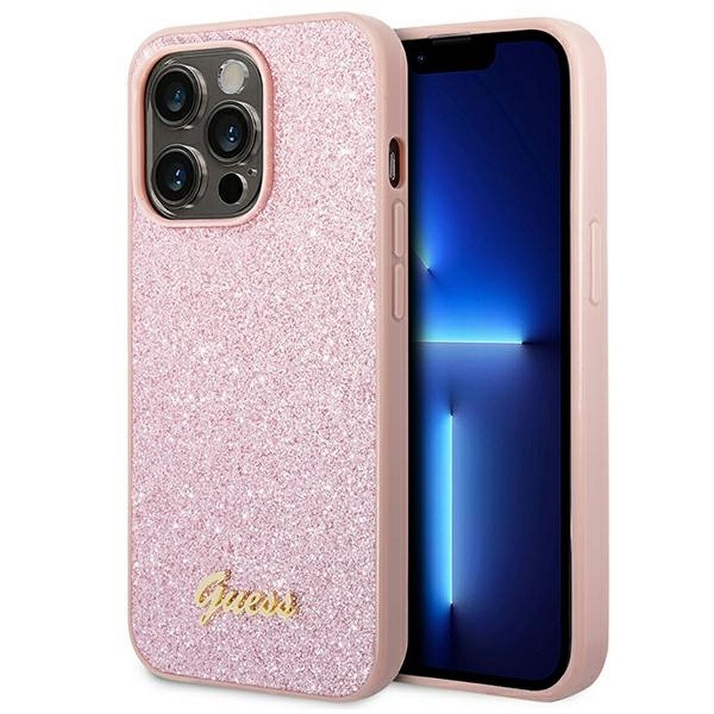 GUESS case for IPHONE 14 Pro GUHCP14LHGGSHP (Glitter Flakes Script Metal Logo) pink