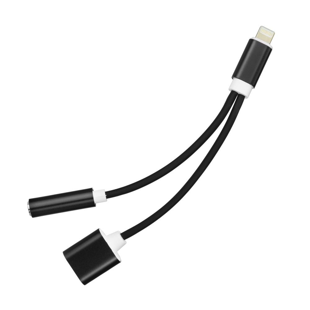 a577c740913d7af6e5c403d27b642d74 Adapter AUX 2in1 Lightning (male) to Lightning (female) / Jack 3,5 mm (female) black