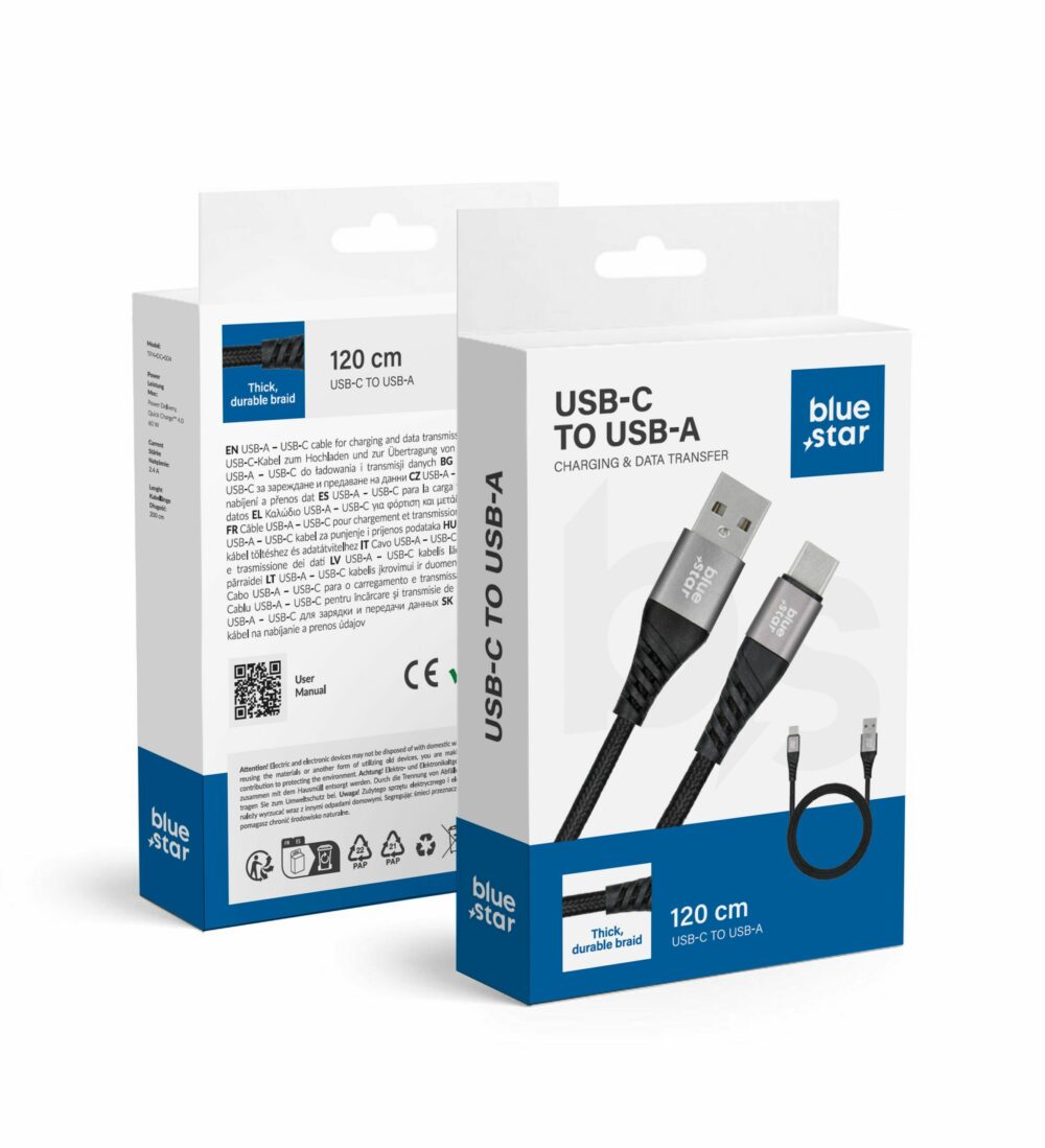 BLUE STAR braided cable 3A 20W USB A to Type C PD QC4.0 TFK-DC-003 1,2 m black