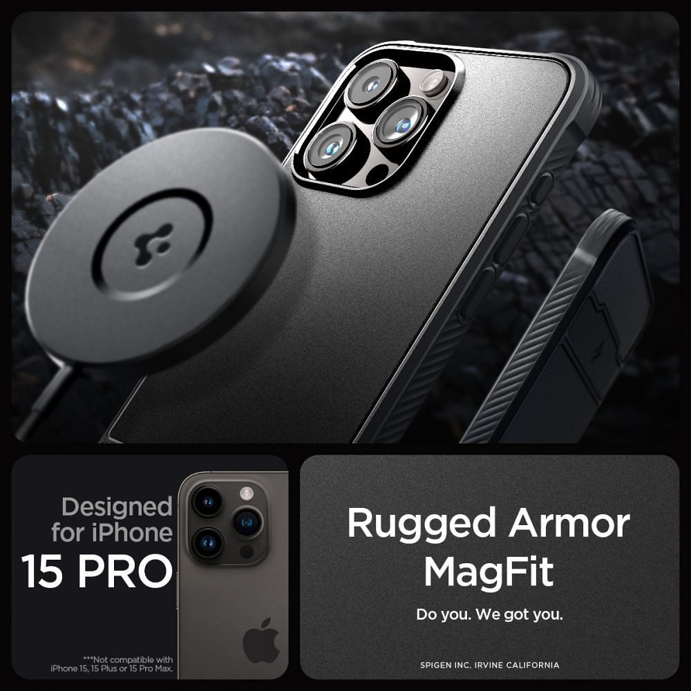SPIGEN case RUGGED ARMOR MAG compatible with MagSafe for IPHONE 15 Pro matte black