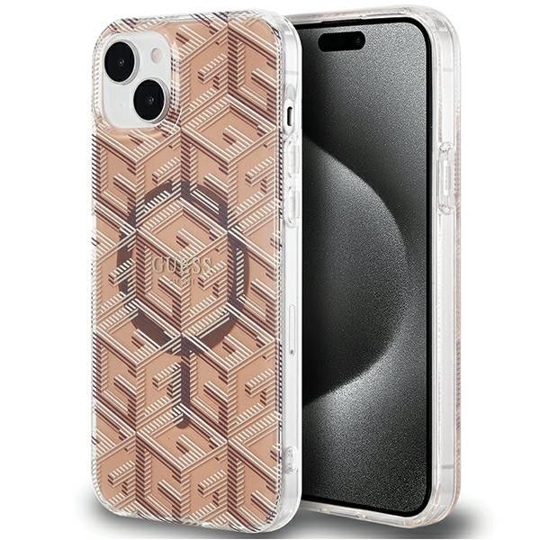 GUESS case for IPHONE 15 compatible with MagSafe GUHMP15SHGCUSTGW (IML GCUBE) brown