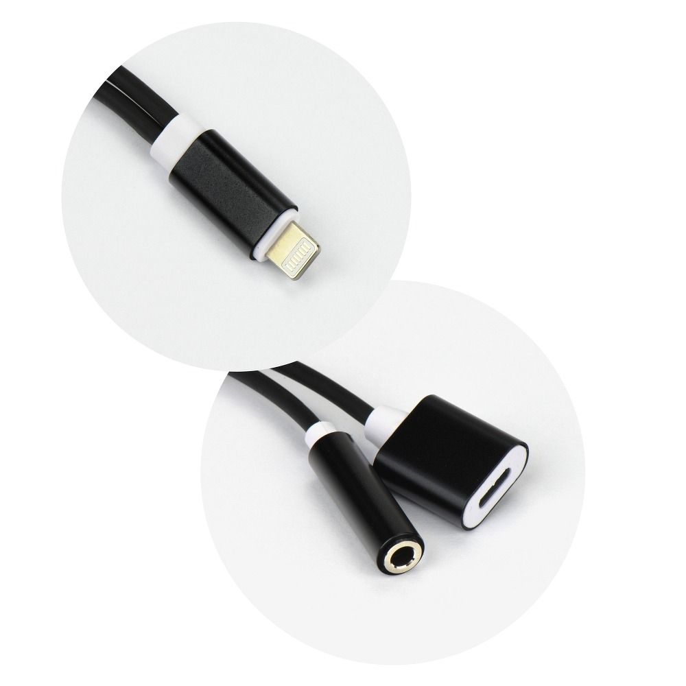 acf6f28724c8124d4307afb4c5f3d1f3 Adapter AUX 2in1 Lightning (male) to Lightning (female) / Jack 3,5 mm (female) black