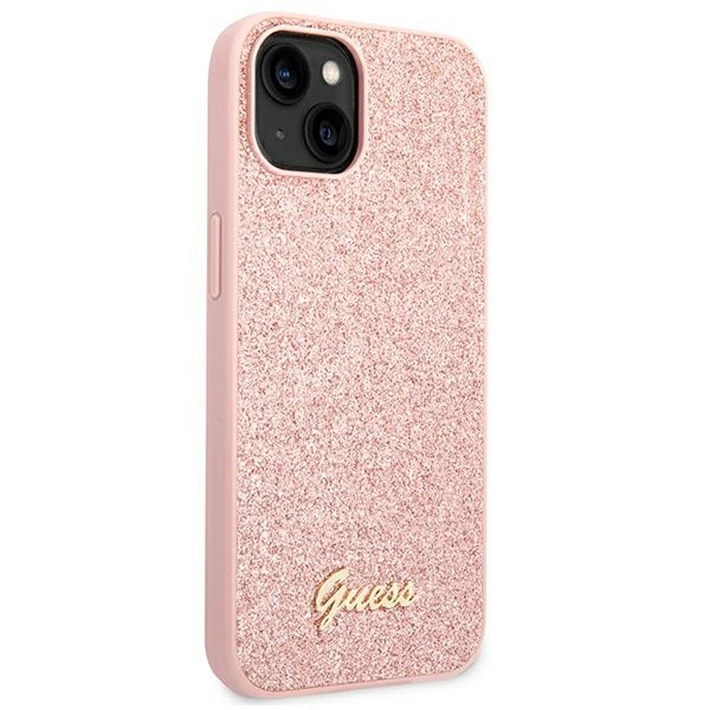 GUESS case for IPHONE 14 Plus GUHCP14MHGGSHP (Glitter Flakes Script Metal Logo) pink