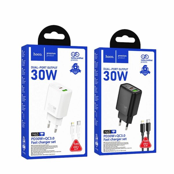 Φορτιστής Τοίχου HOCO USB A & Type C + Καλώδιο Type C σε Lightning PD QC3.0 3A 30W N63 Μαύρος