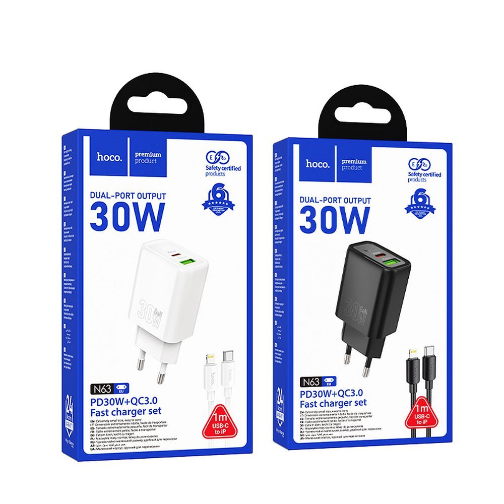 Φορτιστής Τοίχου HOCO USB A & Type C + Καλώδιο Type C σε Lightning PD QC3.0 3A 30W N63 Μαύρος