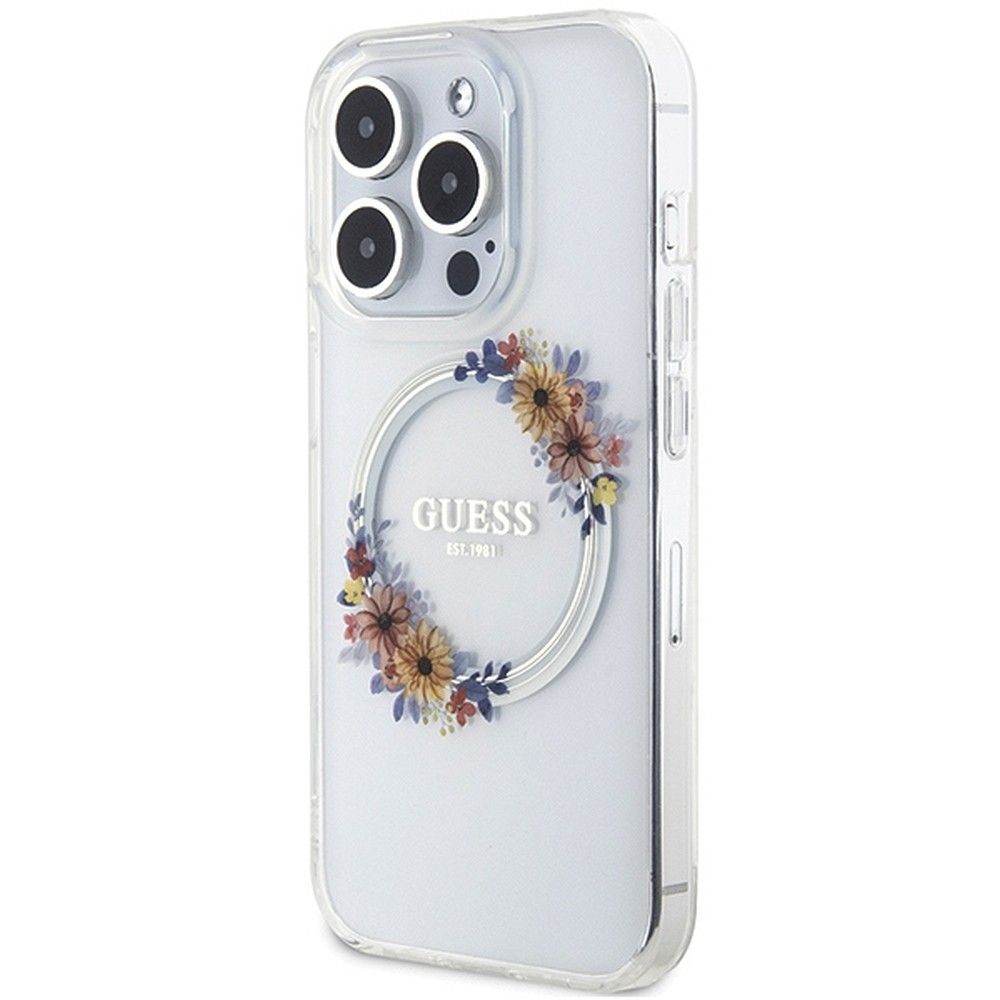 GUESS case for IPHONE 15 Pro compatible with MagSafe GUHMP15LHFWFCT (Flowers Wreath) transparent