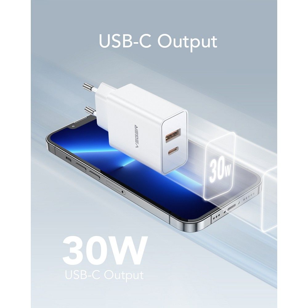 VEGER travel charger USB A + Type C PD QC3.0 3A 30W VLS302U white