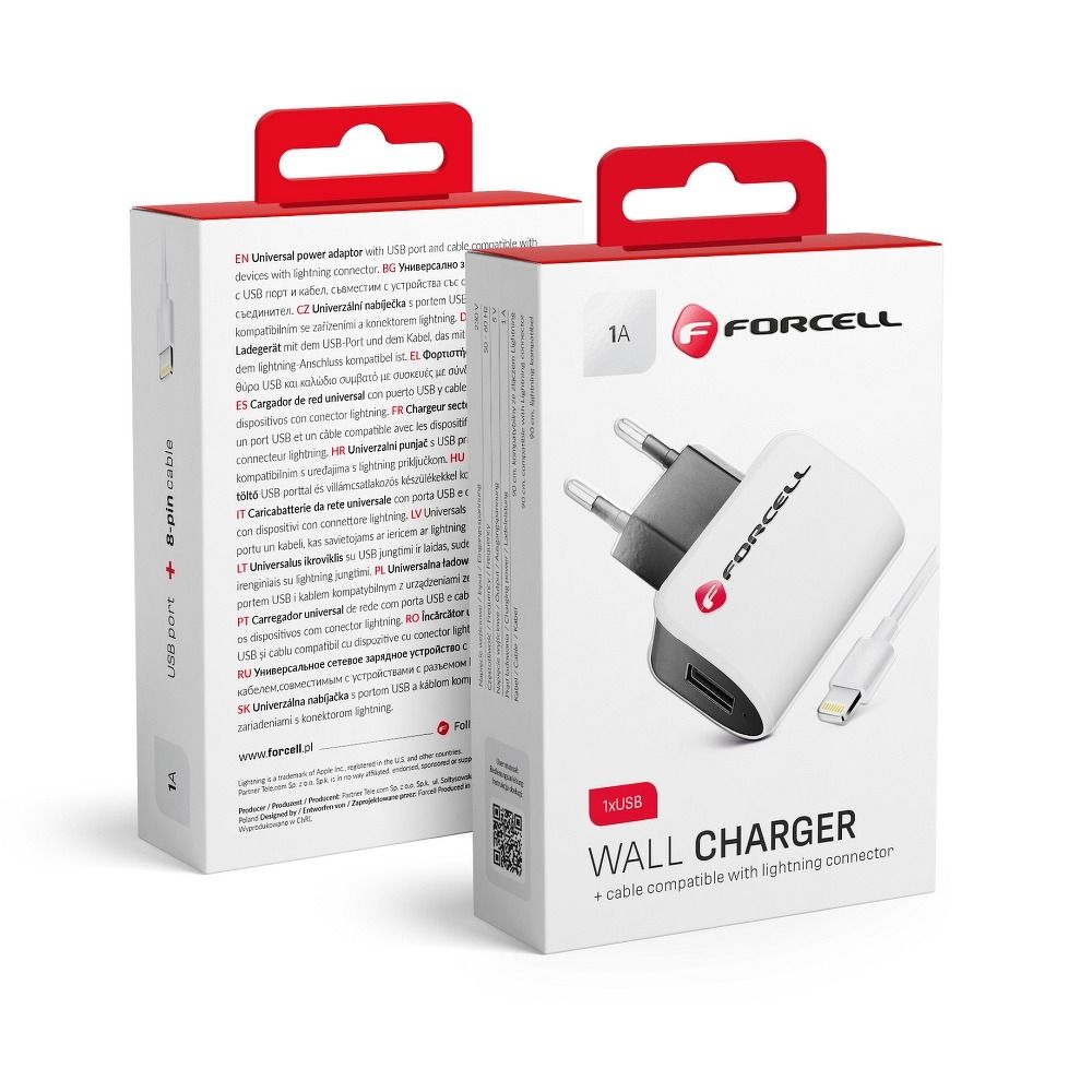 FORCELL F-ENERGY U19 travel charger USB A + cable USB A to Lightning 1A 5W white black