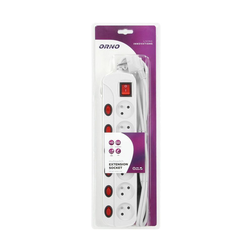 Multiswitch powerstrip with independent ON/OFF switches for 6 sockets, cable 3x1mm², 1.5m long (OR-AE-13162/1,5M)