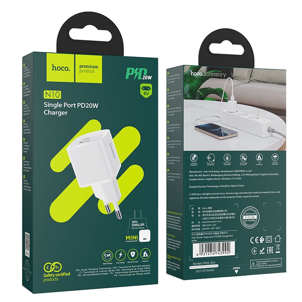 HOCO travel charger Type C PD 20W N10 white