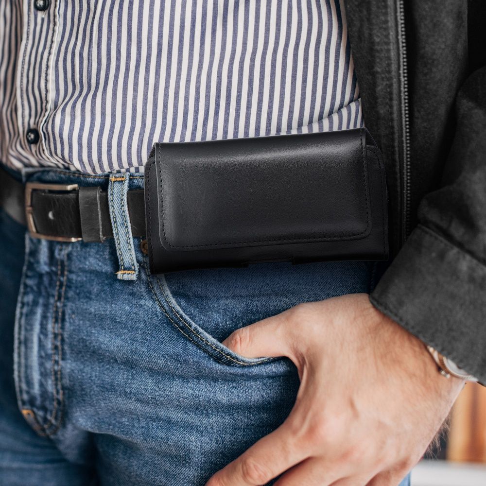 ROYAL universal horizontal leather belt holster size M for IPHONE 12 MINI / 13 MINI / SAMSUNG A40 / S8 / XIAOMI 12 / Redmi 5A black