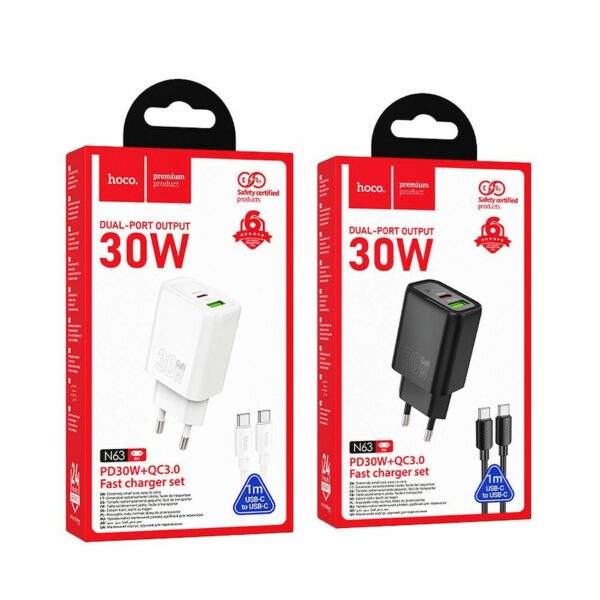 HOCO wall charger USB A + Type C + cable Type C to Type C PD QC3.0 3A 30W N63 white