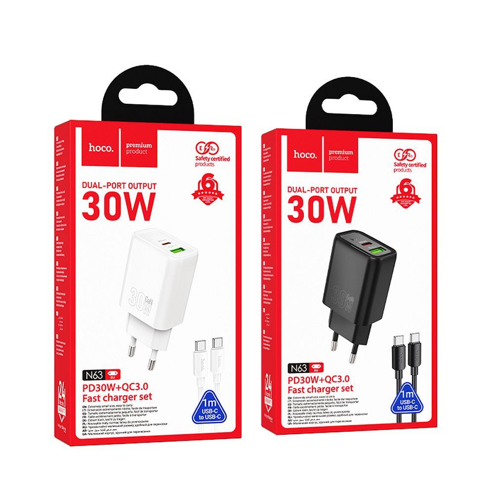 HOCO wall charger USB A + Type C + cable Type C to Type C PD QC3.0 3A 30W N63 white
