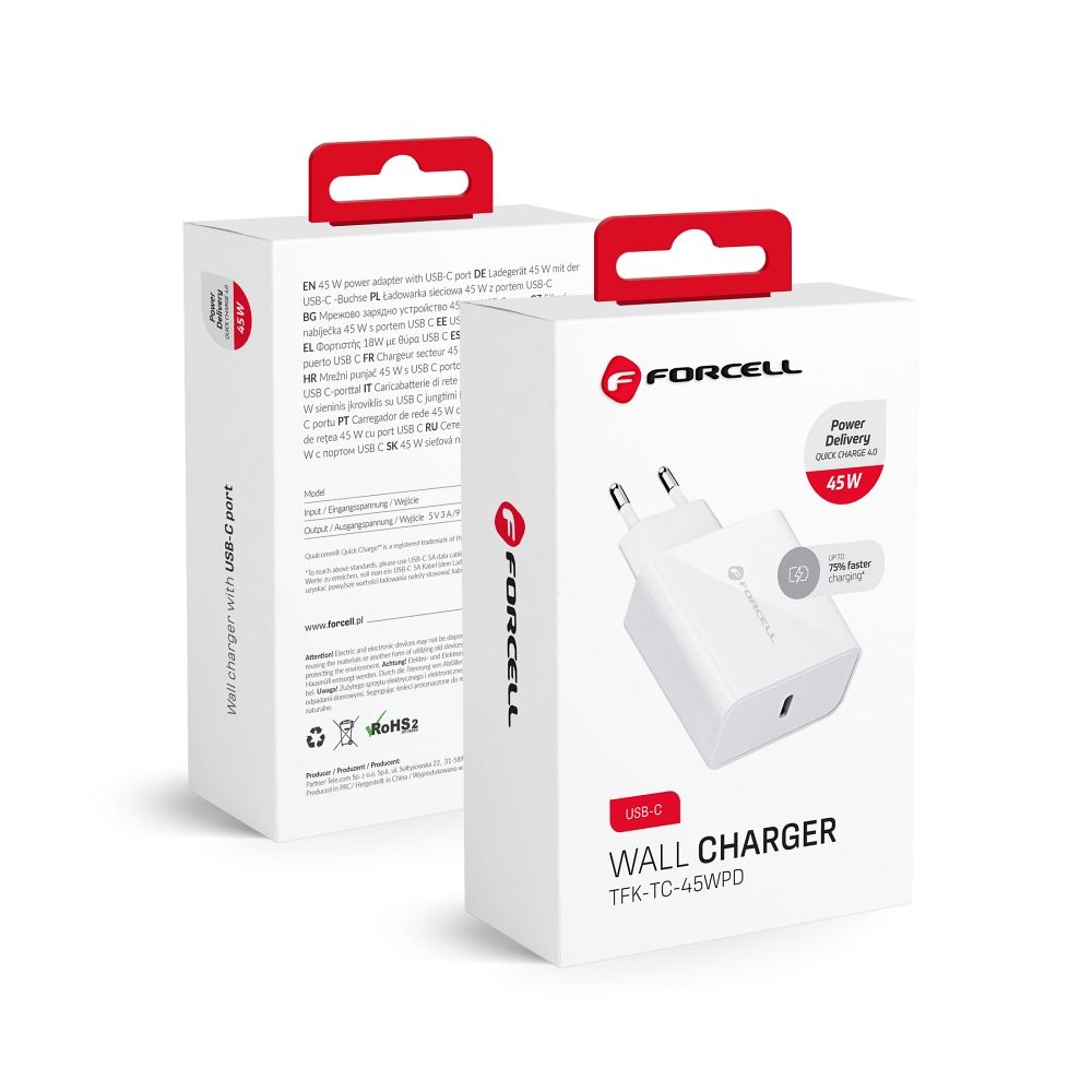FORCELL F-ENERGY TFK-TC-45WPD travel charger Type C PD QC4.0 3A 45W white