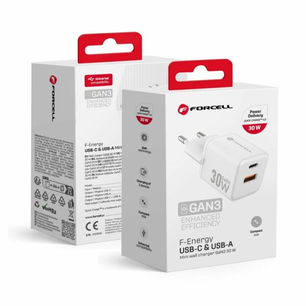 FORCELL F-ENERGY Mini GaN III VT-35 travel charger with 1 x Type C + 1x USB A sockets, PD QC4.0 30W white