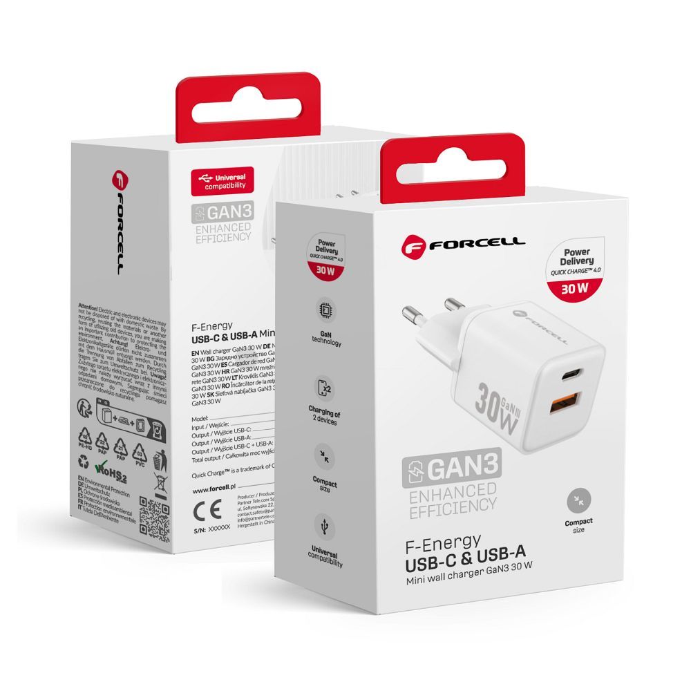 FORCELL F-ENERGY Mini GaN III VT-35 travel charger with 1 x Type C + 1x USB A sockets, PD QC4.0 30W white