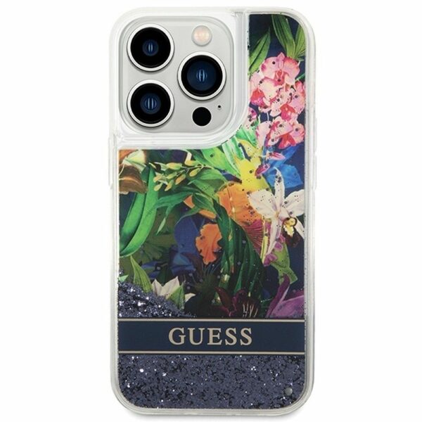 GUESS case for IPHONE 14 Pro GUHCP14LLFLSB (Flower Liquid Glitter) blue