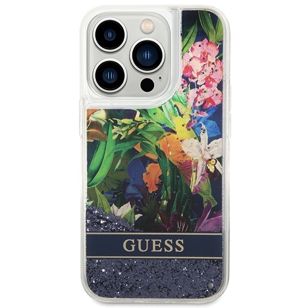 GUESS case for IPHONE 14 Pro GUHCP14LLFLSB (Flower Liquid Glitter) blue