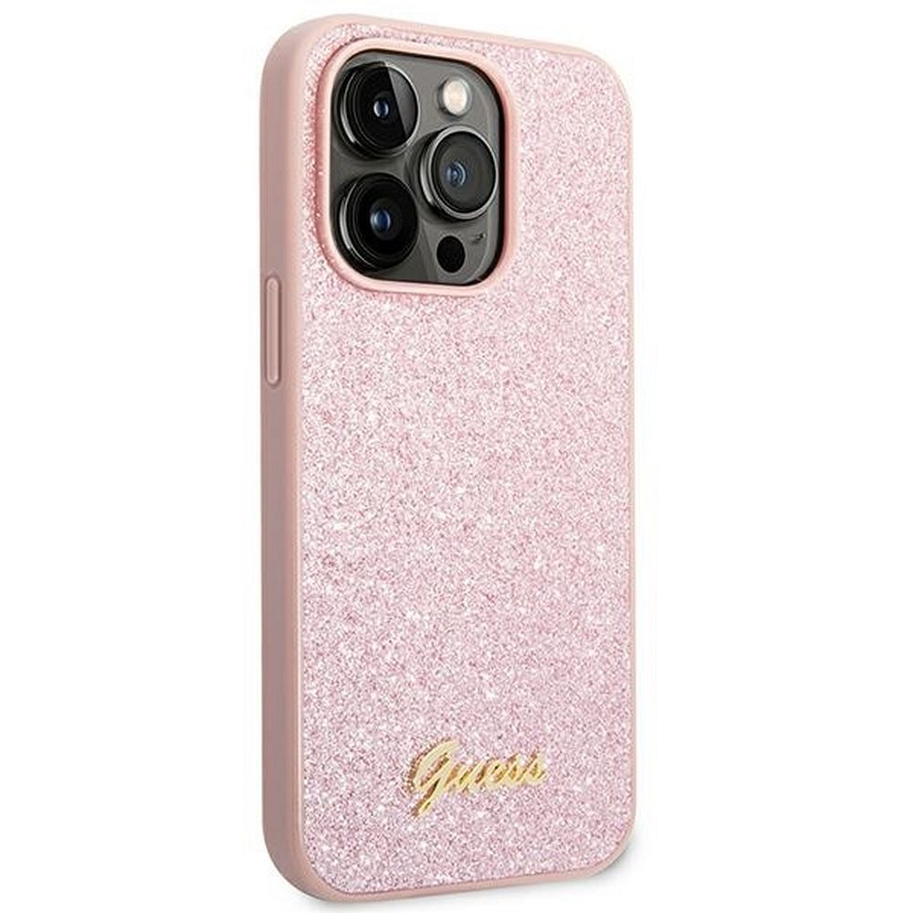 GUESS case for IPHONE 14 Pro GUHCP14LHGGSHP (Glitter Flakes Script Metal Logo) pink