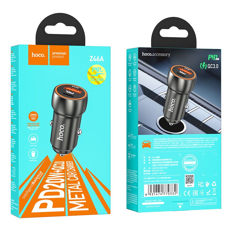 HOCO car charger USB A + Type C PD QC3.0 3A 20W Z46A metal gray