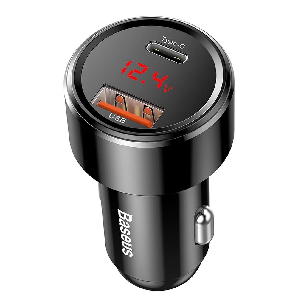 c91d14f82daff107a365939a429c52be BASEUS car charger USB A + Type C with digital display PD3.0 QC4.0 3A 45W CCMLC20C-01 black