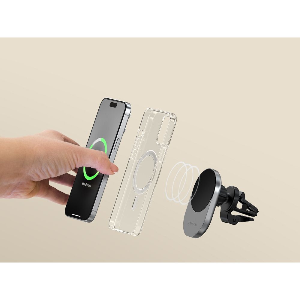 SATECHI magnetic car holder for air vent with wireless chargibg compatible with MagSafe Qi2 15W ST-Q2CCM space gray