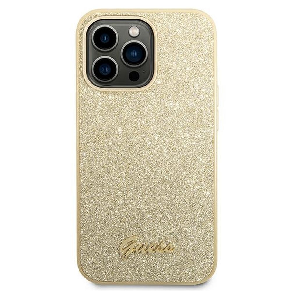 GUESS case for IPHONE 14 Pro GUHCP14LHGGSHD (Glitter Flakes Script Metal Logo) gold
