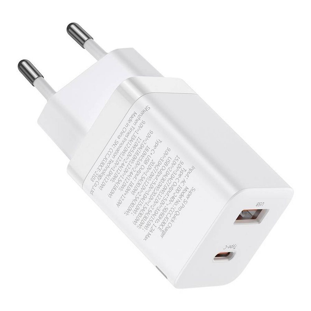 BASEUS charger USB A + Type C PD QC3.0 30W CCSUPP-E02/CCCJG30UE white