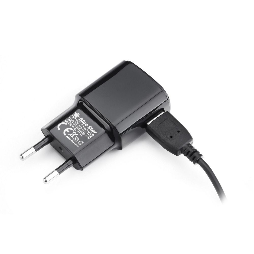 c97ef8214db93e551b68529c8fe17111 BLUE STAR travel charger 1A 5W USB A + cable USB A to Micro USB TFK-TC-1100B black
