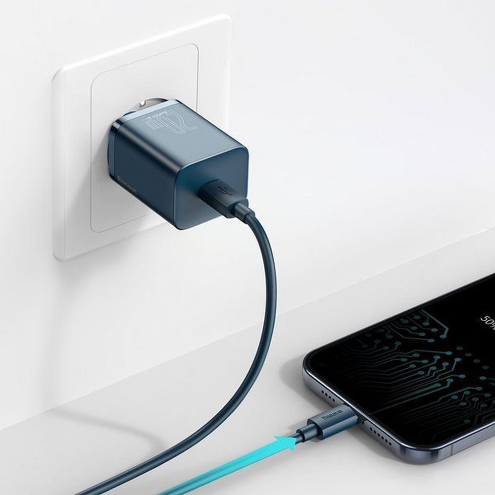 c9c9dfe6fd7b7aef171e5f82df40e393 BASEUS wall charger Type C + cable Type C to Lightning PD QC3.0 3A 20W TZCCSUP-B03 blue