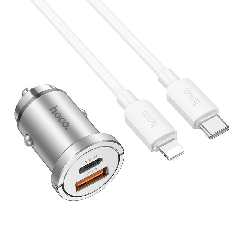 HOCO car charger USB A + Type C + cable Type C to Lightning PD QC3.0 4A 45W NZ10 silver