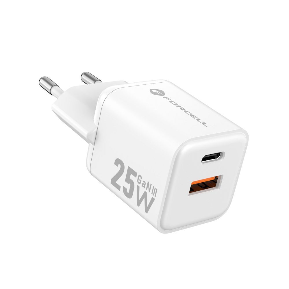 FORCELL F-ENERGY Mini GaN III VT-25B travel charger with 1 x Type C + 1x USB A sockets, PD QC4.0 25W white