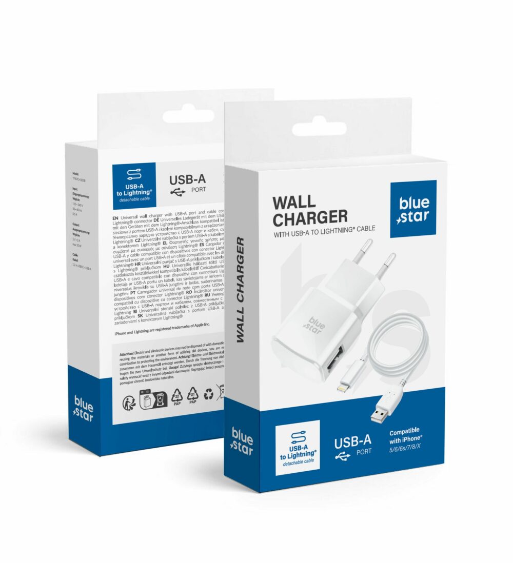 d28f62e916791fdb8aa7a791239cbaba BLUE STAR travel charger 1A 5W USB A + cable USB A to Lightning TFK-TC-1100B white