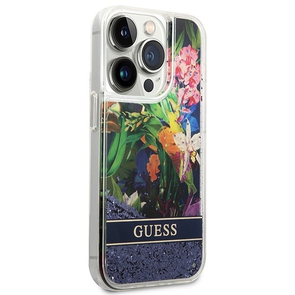 GUESS case for IPHONE 14 Pro GUHCP14LLFLSB (Flower Liquid Glitter) blue