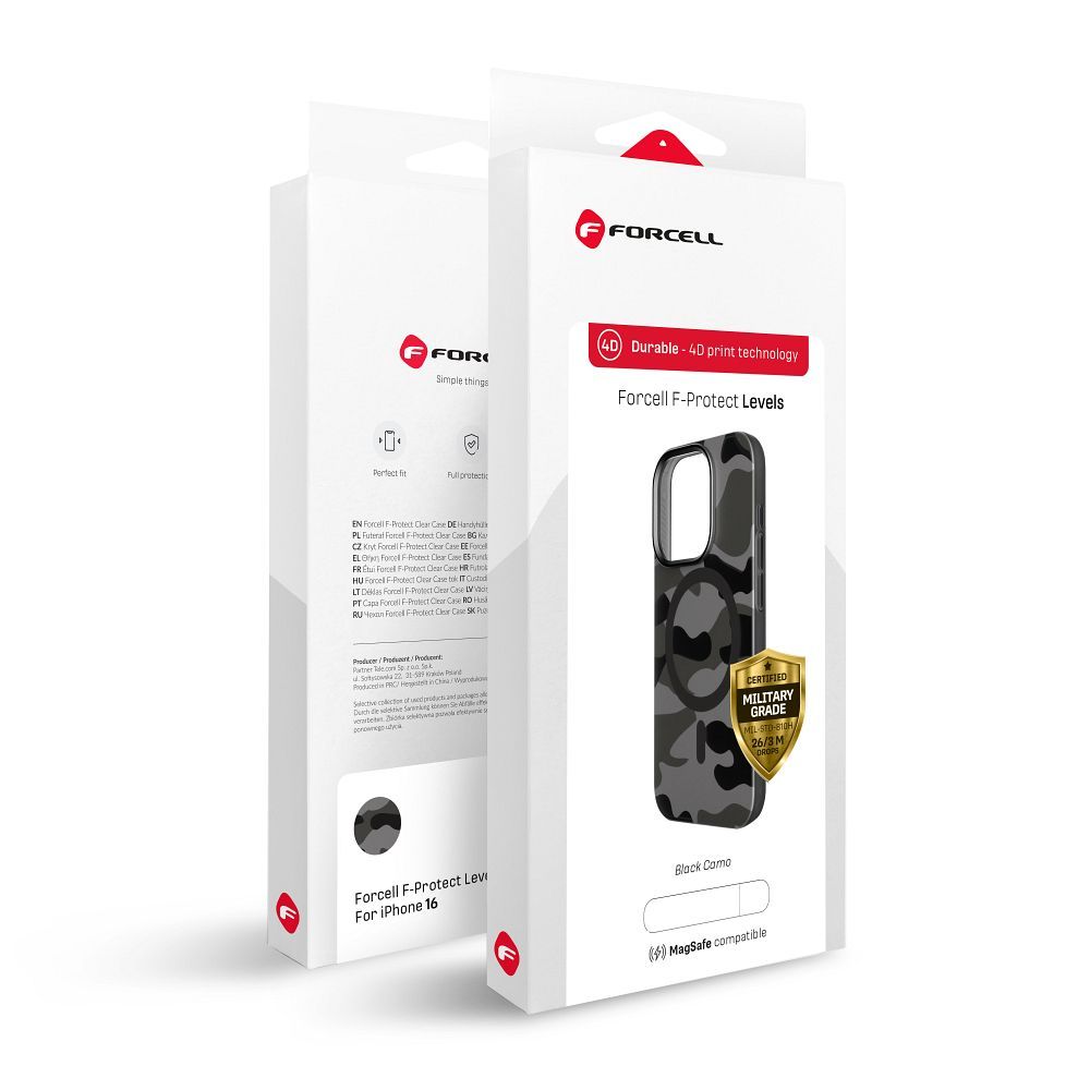 FORCELL F-PROTECT Levels with Dual Layer 4D technology, Military Drop-Test compatible with MagSafe for IPHONE 16 PLUS black camo