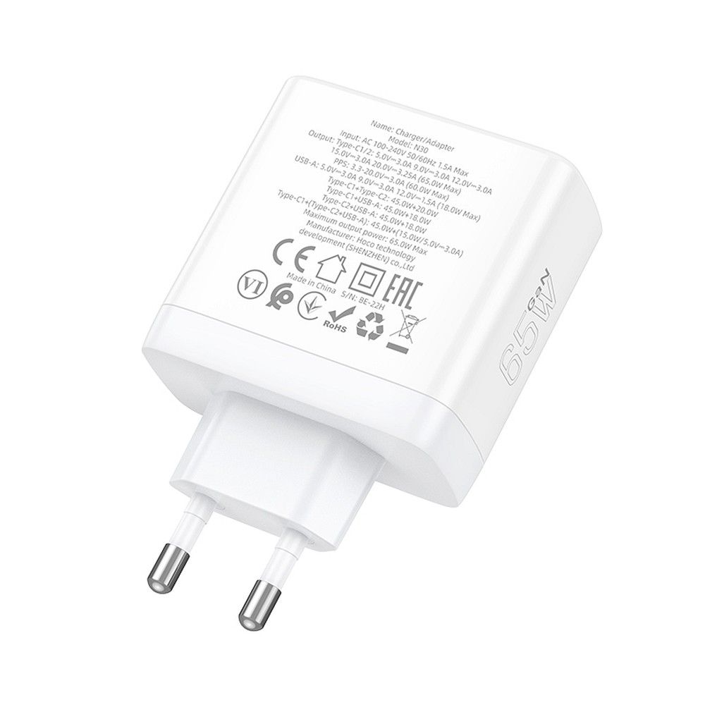 HOCO wall charger 2 x Type C + USB A QC PD 65W GaN N30 white