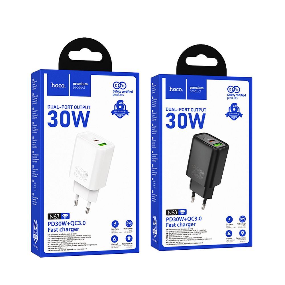 HOCO wall charger USB A + Type C PD QC3.0 3A 30W N63 black