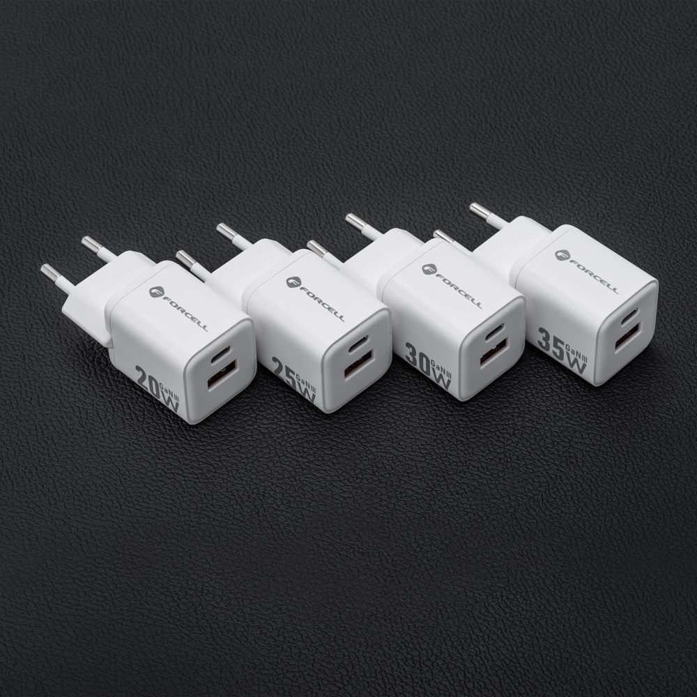 FORCELL F-ENERGY Mini GaN III VT-35 travel charger with 1 x Type C + 1x USB A sockets, PD QC4.0 30W white