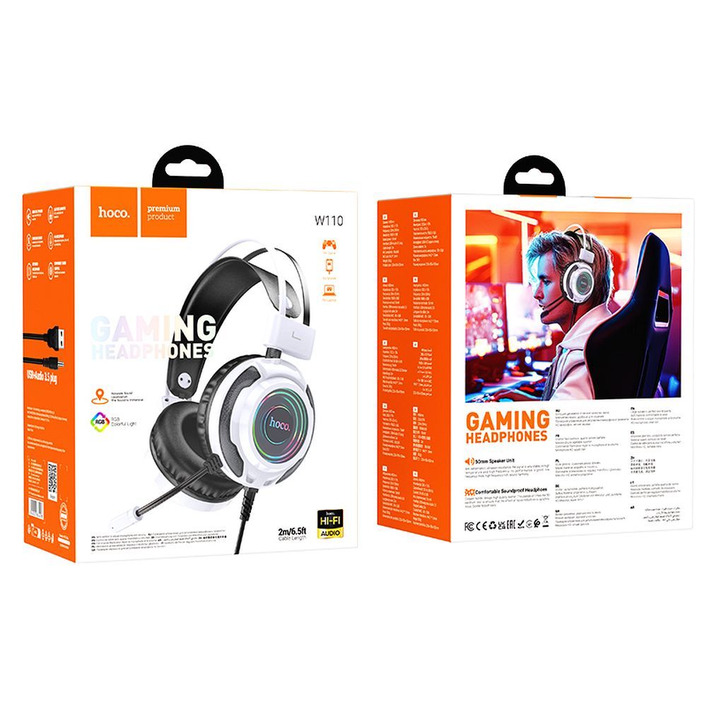 HOCO wire headphones USB A + Jack 3,5 mm with microphone gaming W110 2 m white