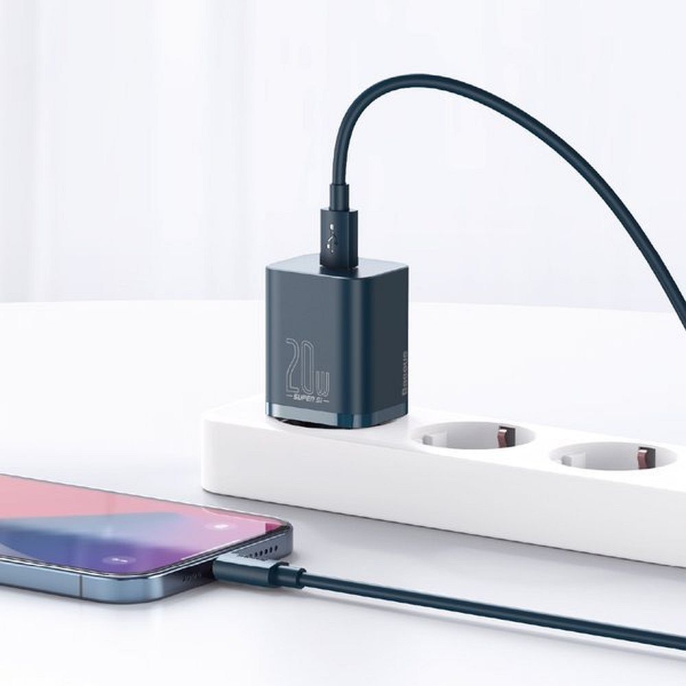e1c392446c7f679529dddabf57a14b5d BASEUS wall charger Type C + cable Type C to Lightning PD QC3.0 3A 20W TZCCSUP-B03 blue