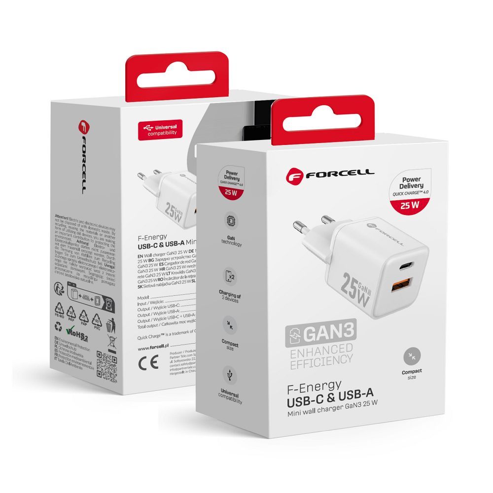 FORCELL F-ENERGY Mini GaN III VT-25B travel charger with 1 x Type C + 1x USB A sockets, PD QC4.0 25W white