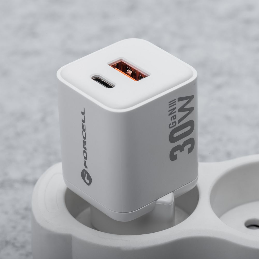 FORCELL F-ENERGY Mini GaN III VT-35 travel charger with 1 x Type C + 1x USB A sockets, PD QC4.0 30W white