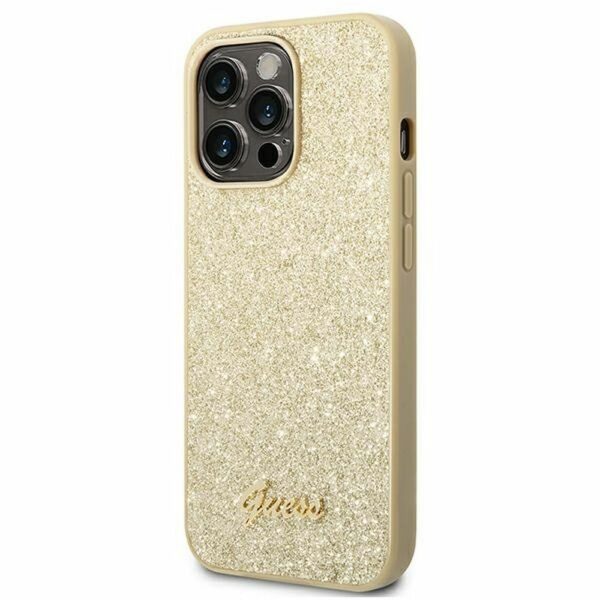 GUESS case for IPHONE 14 Pro GUHCP14LHGGSHD (Glitter Flakes Script Metal Logo) gold