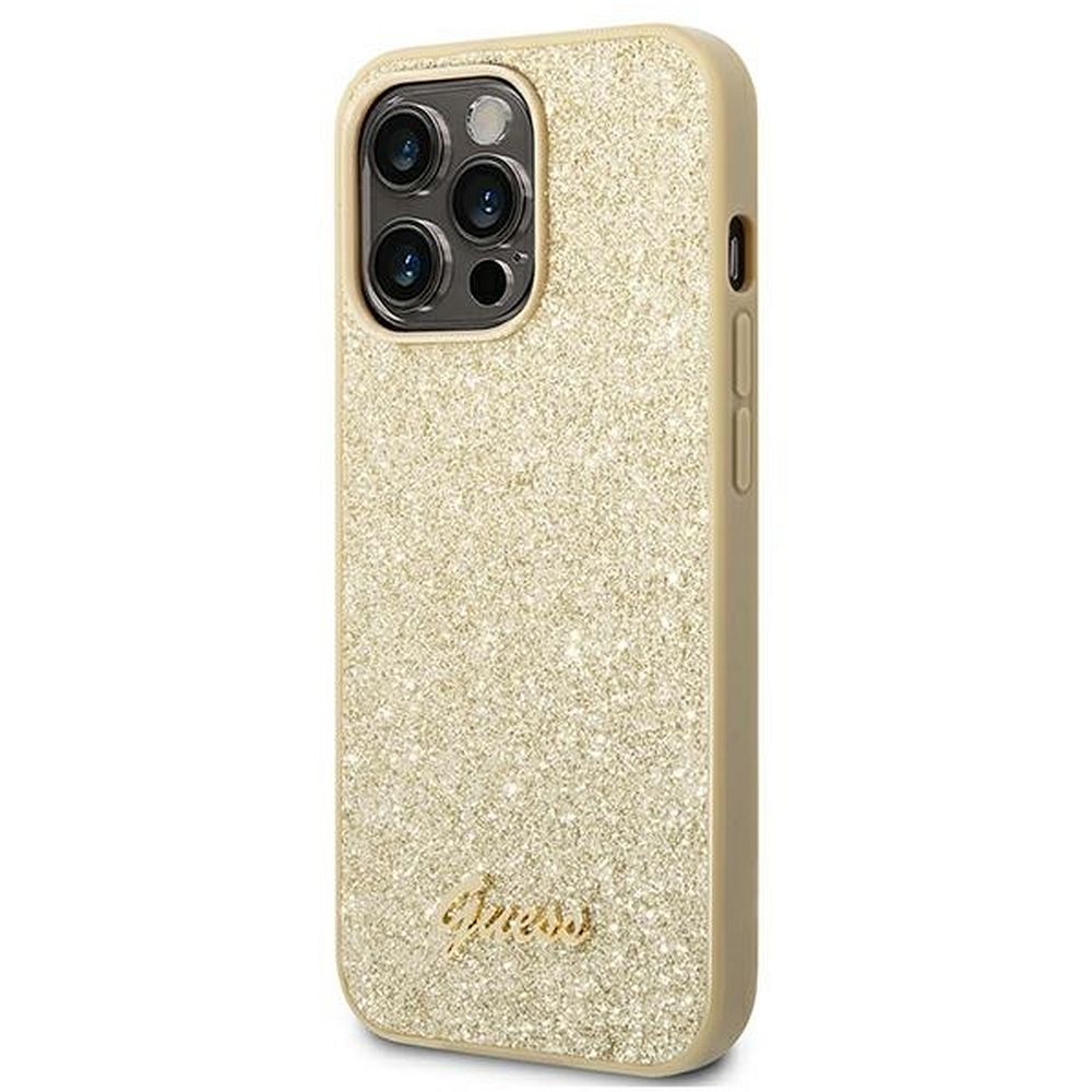 GUESS case for IPHONE 14 Pro GUHCP14LHGGSHD (Glitter Flakes Script Metal Logo) gold