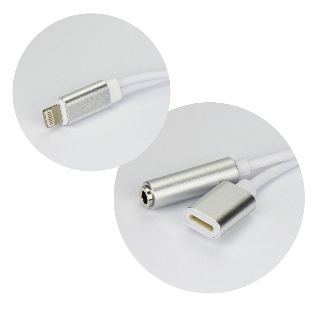 Adapter AUX 2in1 Lightning (male) to Lightning (female) / Jack 3,5 mm (female) silver