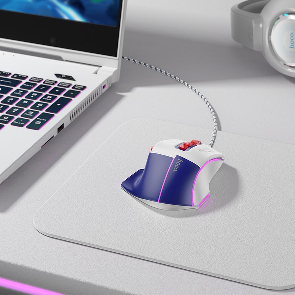 HOCO gaming wire USB A computer mouse 3600DPI white blue