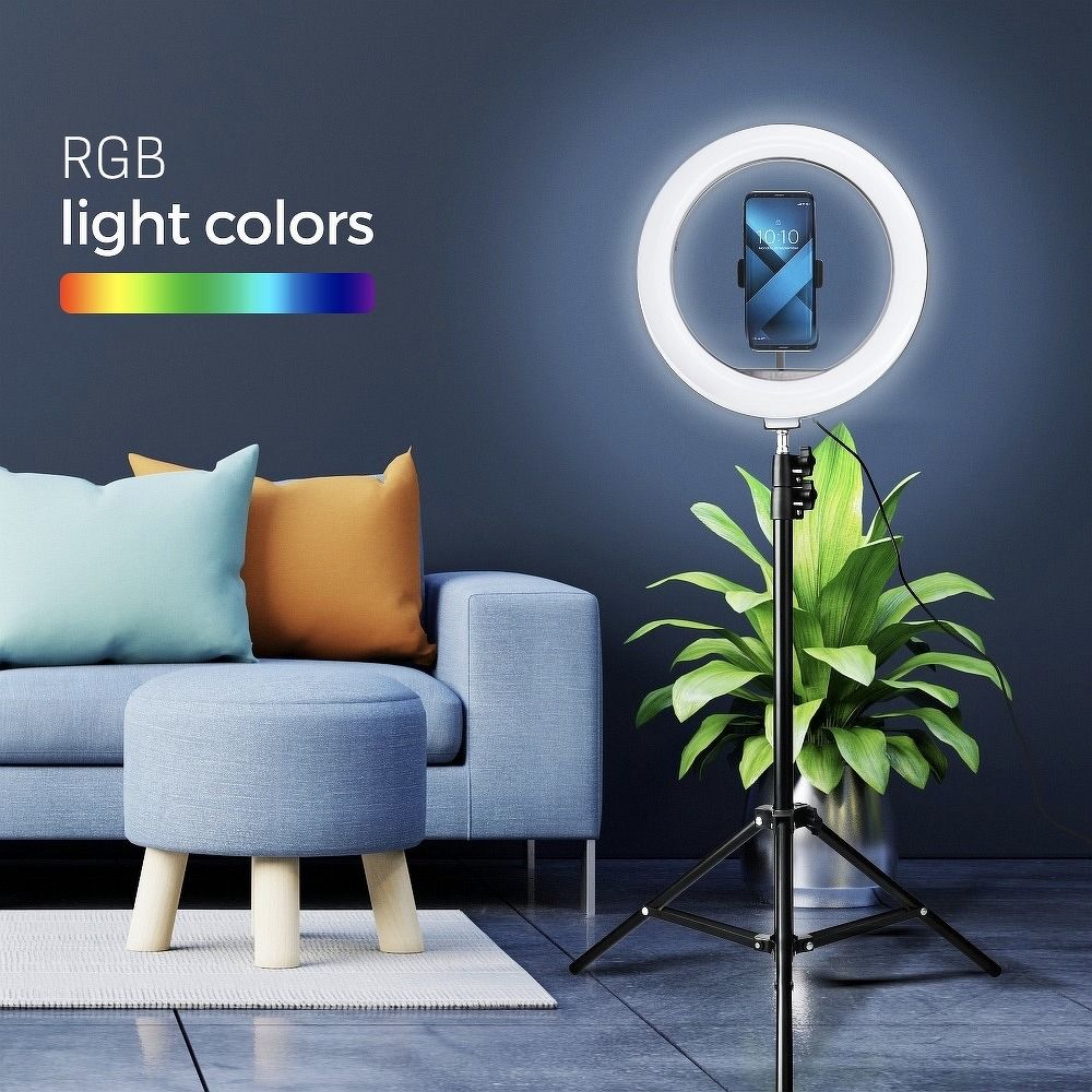 LED Ring Stream RGB lamp 12" FULL COLOR with holder for mobile + tripod black