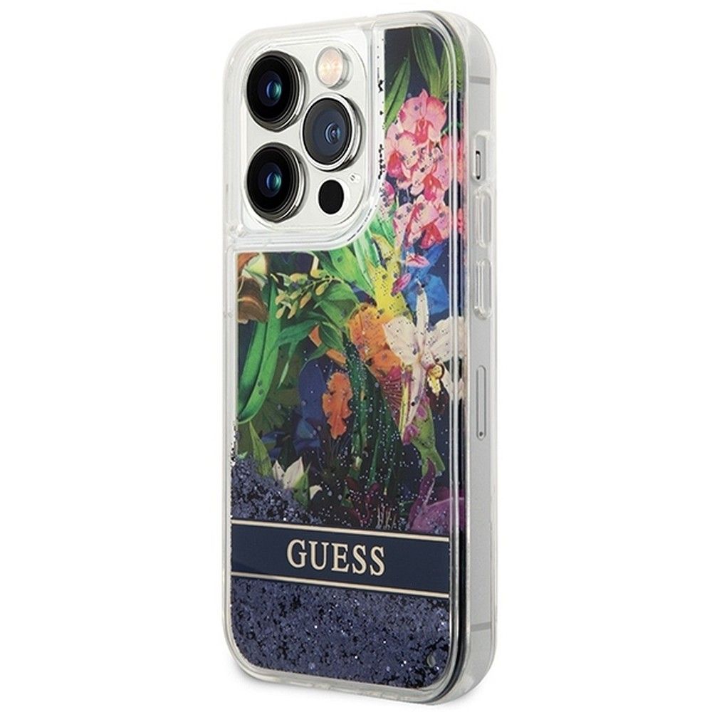 GUESS case for IPHONE 14 Pro GUHCP14LLFLSB (Flower Liquid Glitter) blue