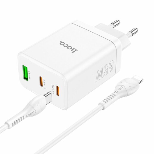 HOCO charger 2 x Type C + USB A + cable Type C to Lightning PD QC3.0 3A 35W N33 white