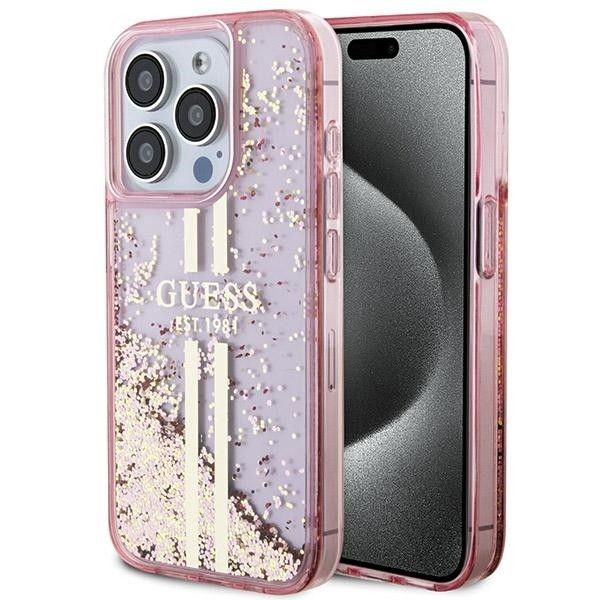 GUESS case for IPHONE 15 Pro GUHCP15LLFCSEGP (Liquid Glitter Gold Stripes) pink